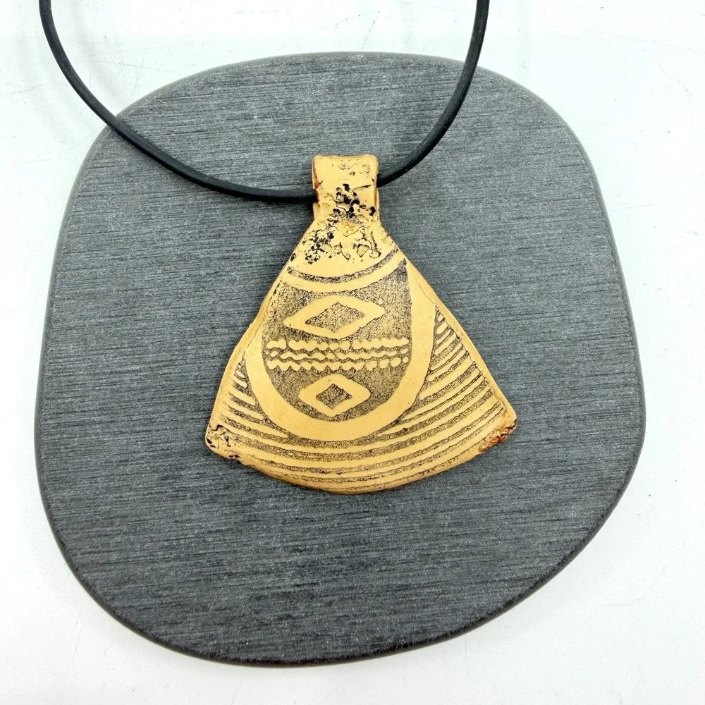 Handcrafted Tribal Geometric Ceramic Pendant Necklace Black Cord Boho Statement